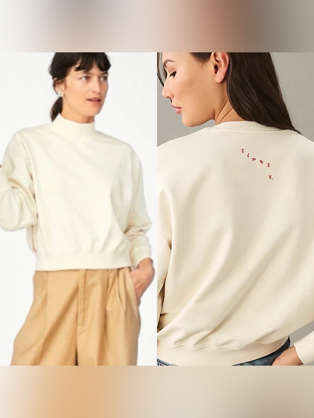 CLARE V • Le drop Cream Mock Neck Sweatshirt red accents - Small